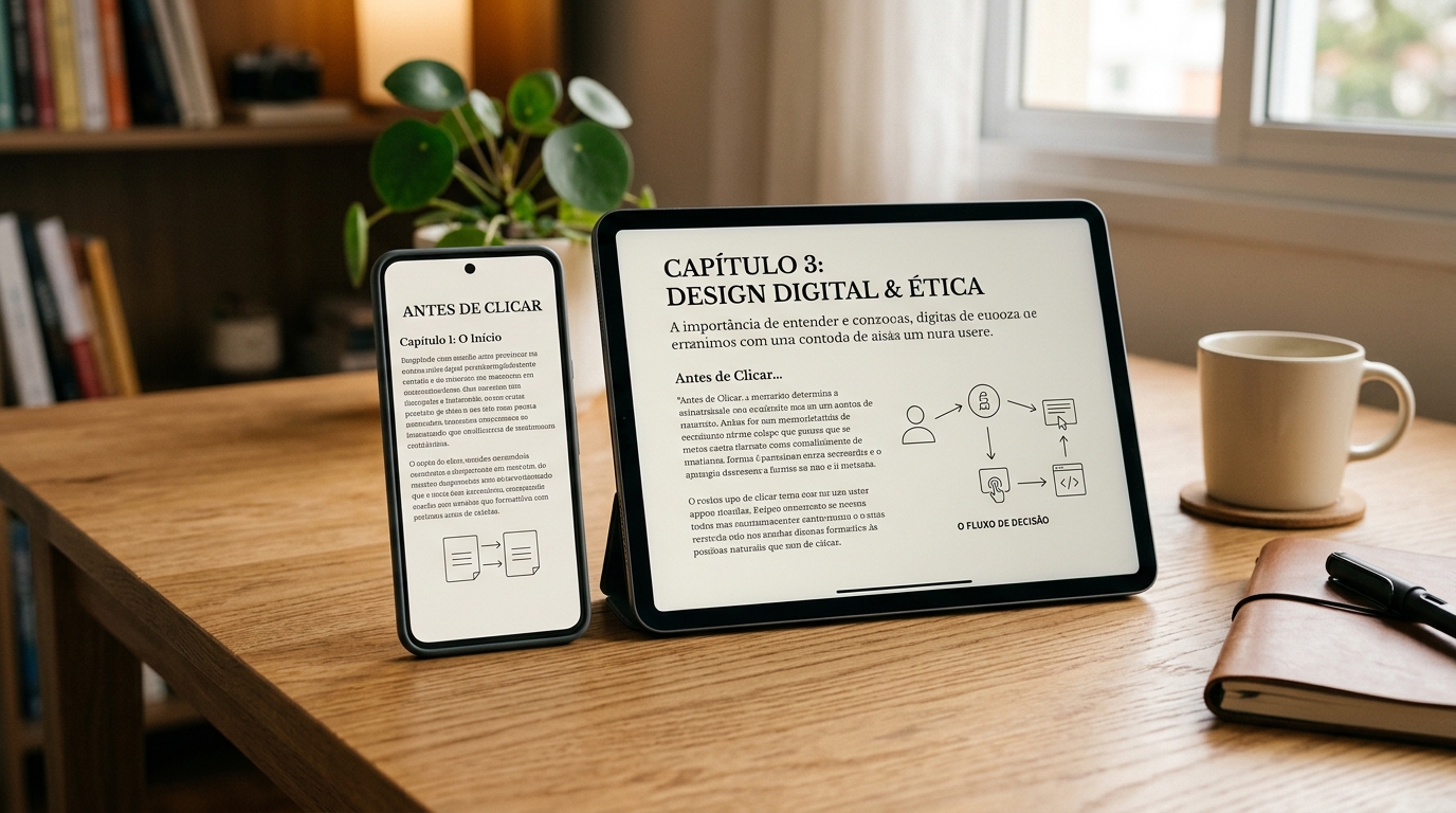 Livro Antes de Clicar exibido em dispositivo tablet e smartphone
